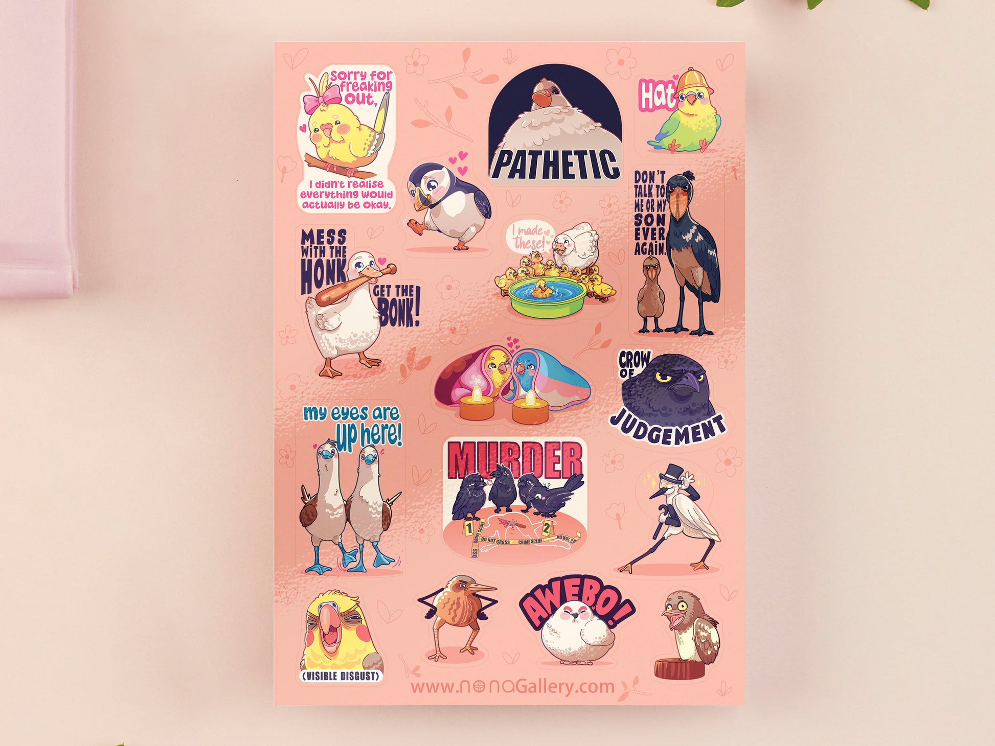 Cute large waterproof gloss vinyl sticker sheet of multiple chibi interent bird memes with funny viral quotes