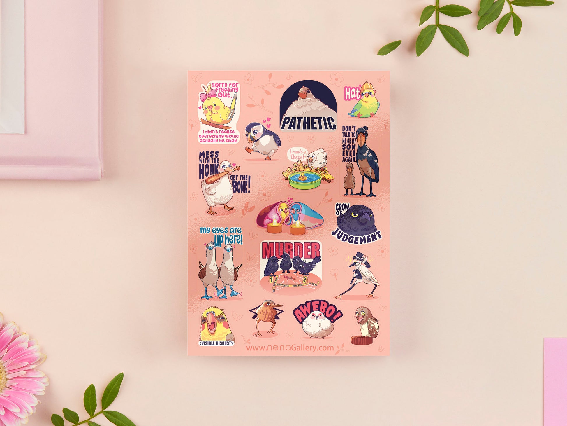 Cute large waterproof gloss vinyl sticker sheet of multiple chibi interent bird memes with funny viral quotes