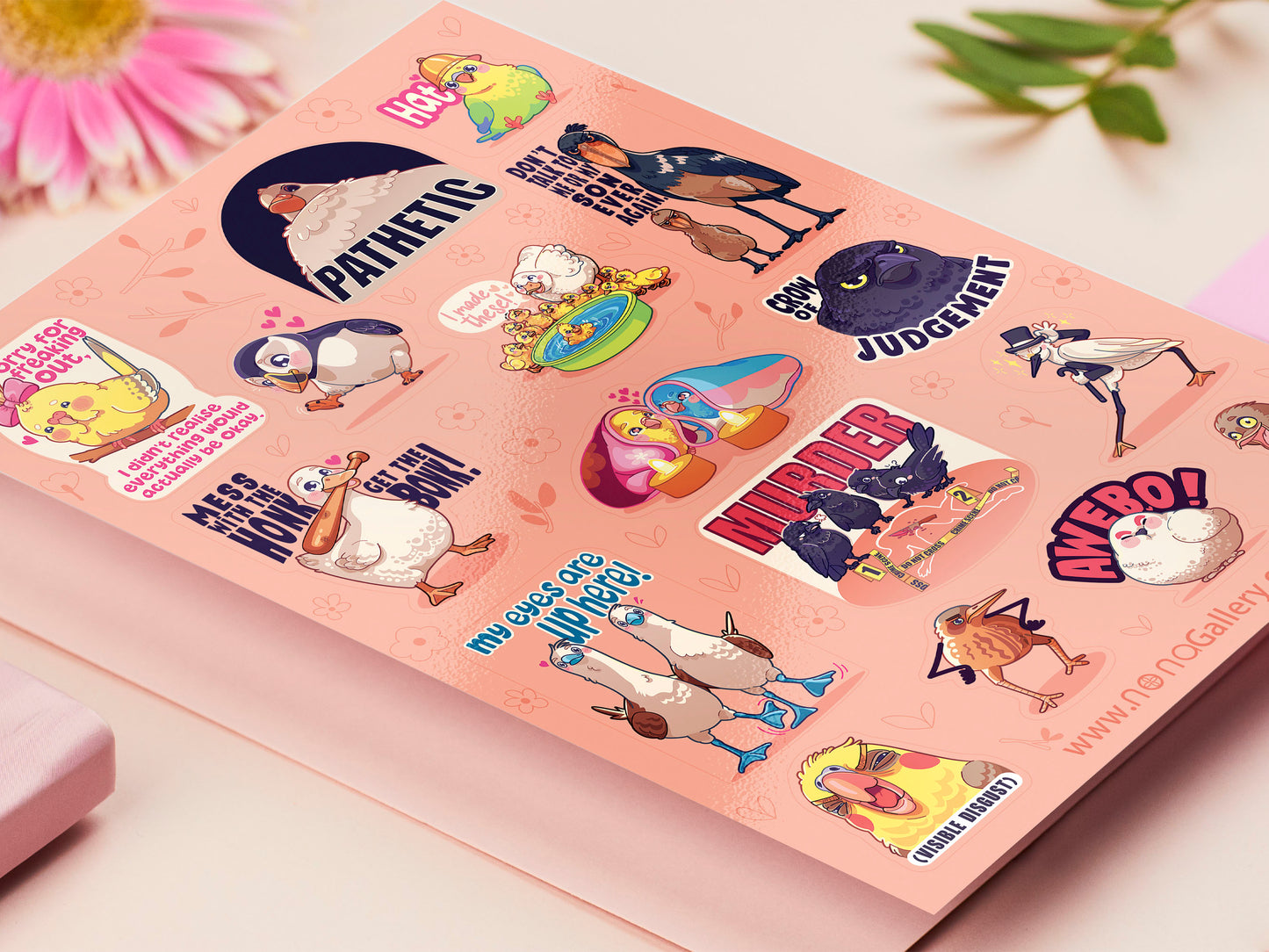 Cute large waterproof gloss vinyl sticker sheet of multiple chibi interent bird memes with funny viral quotes