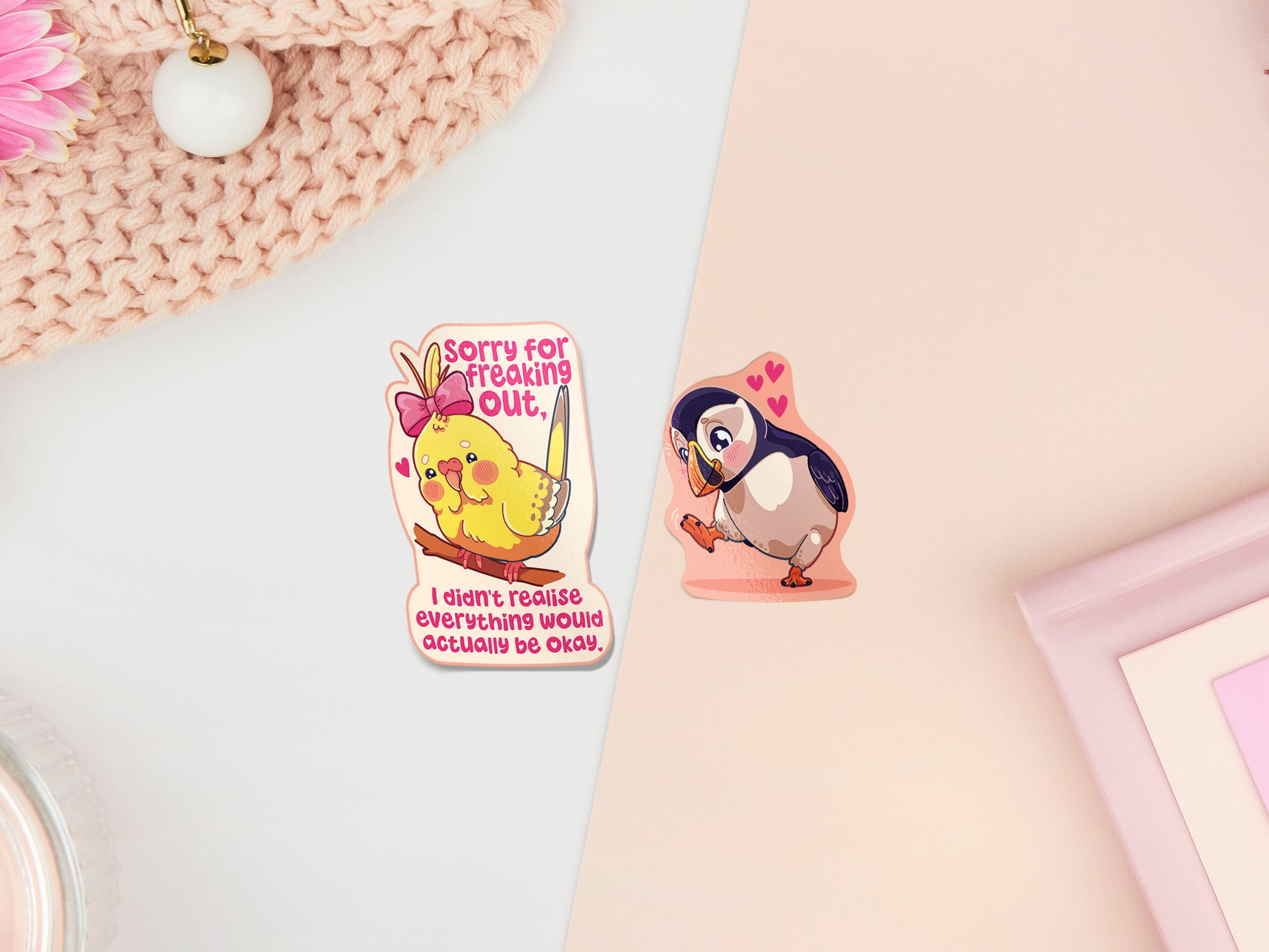 Cute large waterproof gloss vinyl sticker sheet of multiple chibi interent bird memes with funny viral quotes