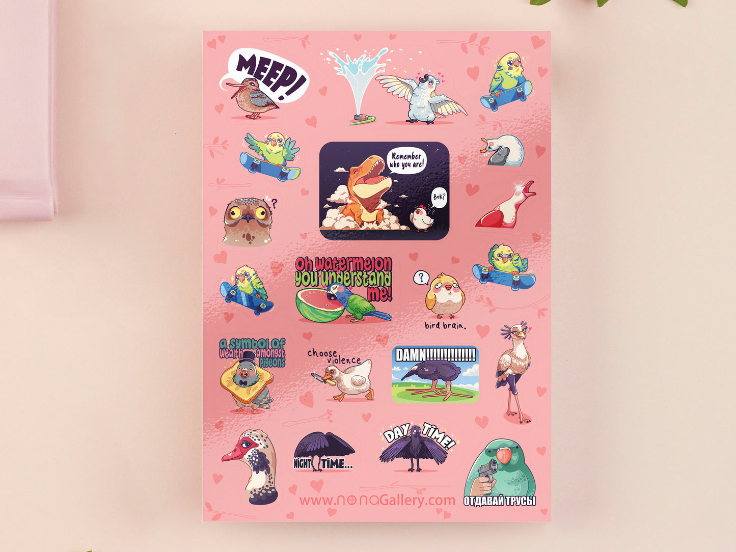 Cute large waterproof gloss vinyl sticker sheet of multiple chibi interent bird memes with funny viral quotes