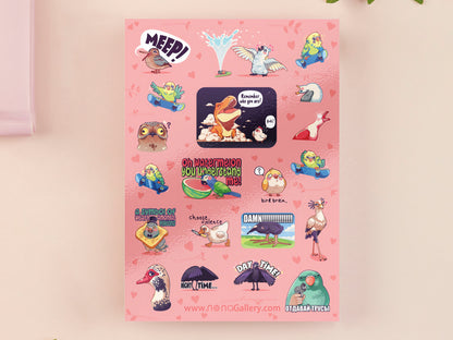 Cute large waterproof gloss vinyl sticker sheet of multiple chibi interent bird memes with funny viral quotes