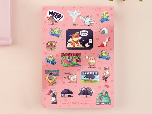 Cute large waterproof gloss vinyl sticker sheet of multiple chibi interent bird memes with funny viral quotes