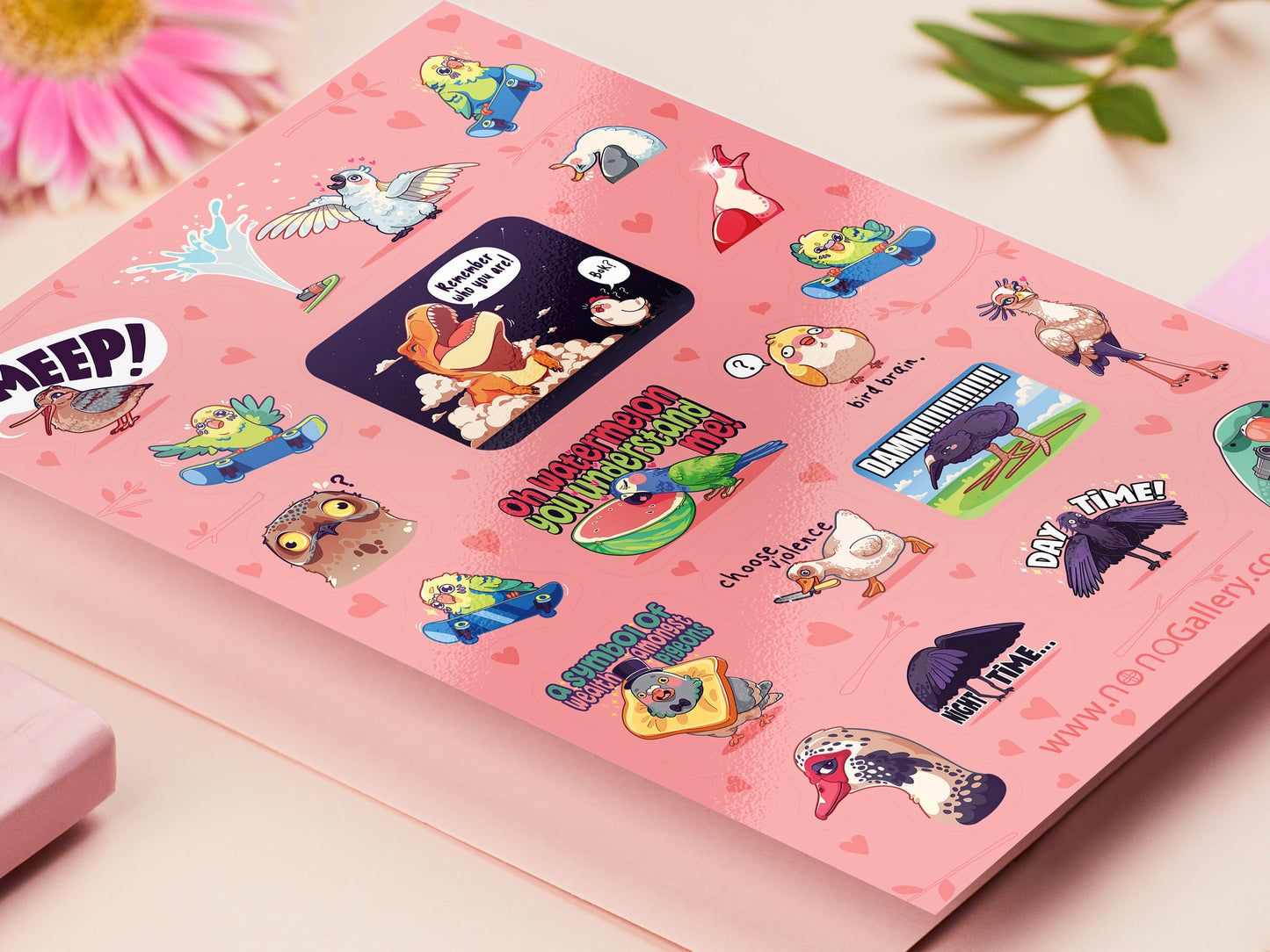 Cute large waterproof gloss vinyl sticker sheet of multiple chibi interent bird memes with funny viral quotes