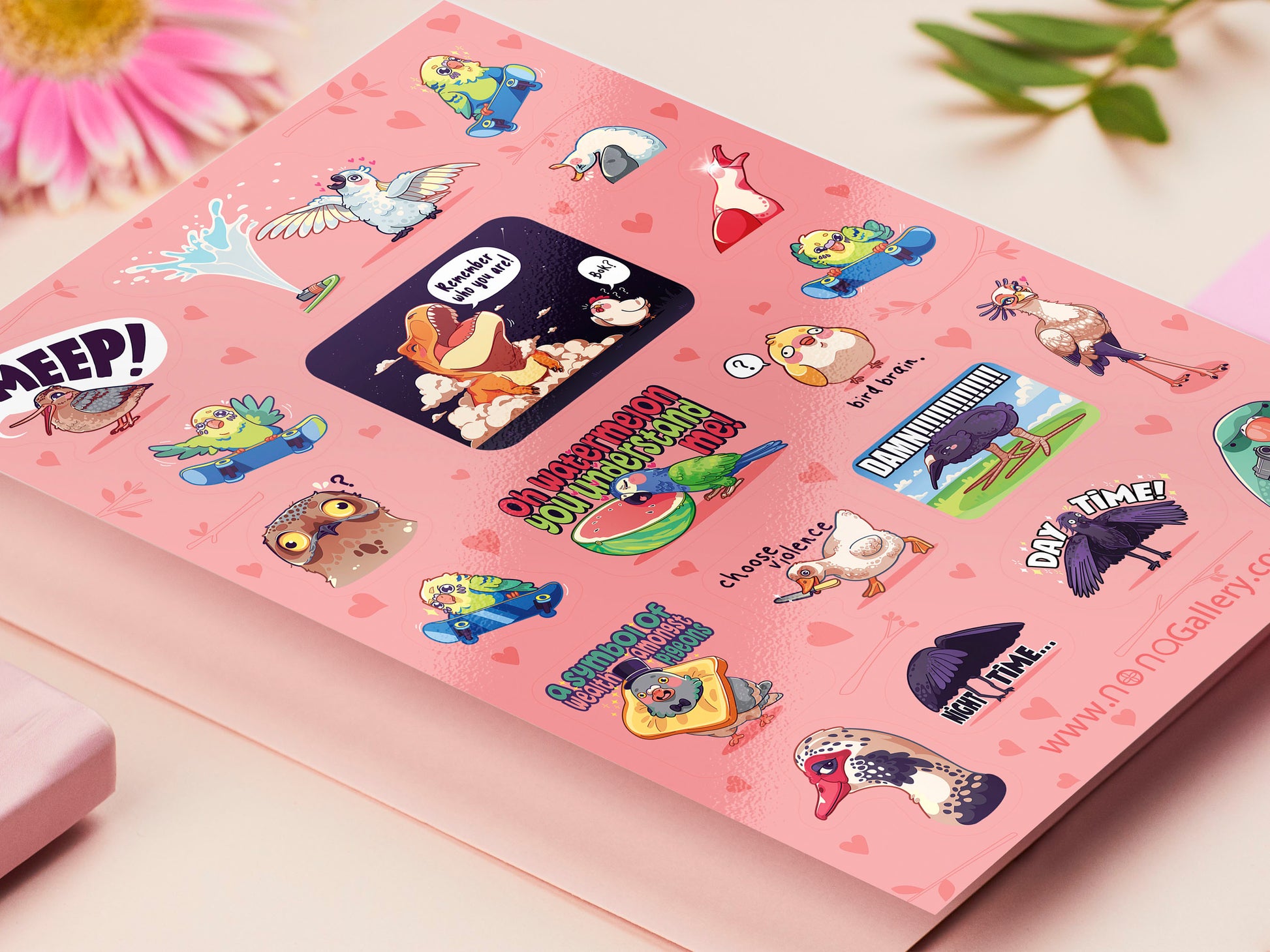 Cute large waterproof gloss vinyl sticker sheet of multiple chibi interent bird memes with funny viral quotes