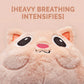 An adorable fluffy cat plushie toy with cute embroidered eyes, facial expression and applique stripes and pawprint toe beans, with a hang tag describing the cat as Brenda.