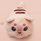 An adorable fluffy cat plushie toy with cute embroidered eyes, facial expression and applique stripes and pawprint toe beans, with a hang tag describing the cat as Brenda.