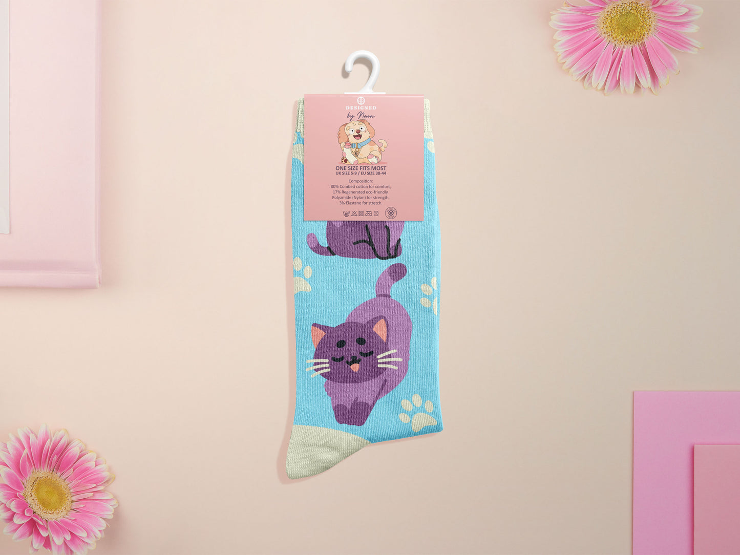 Cute knitted cotton crew socks with different cute cats and kittens pattern design