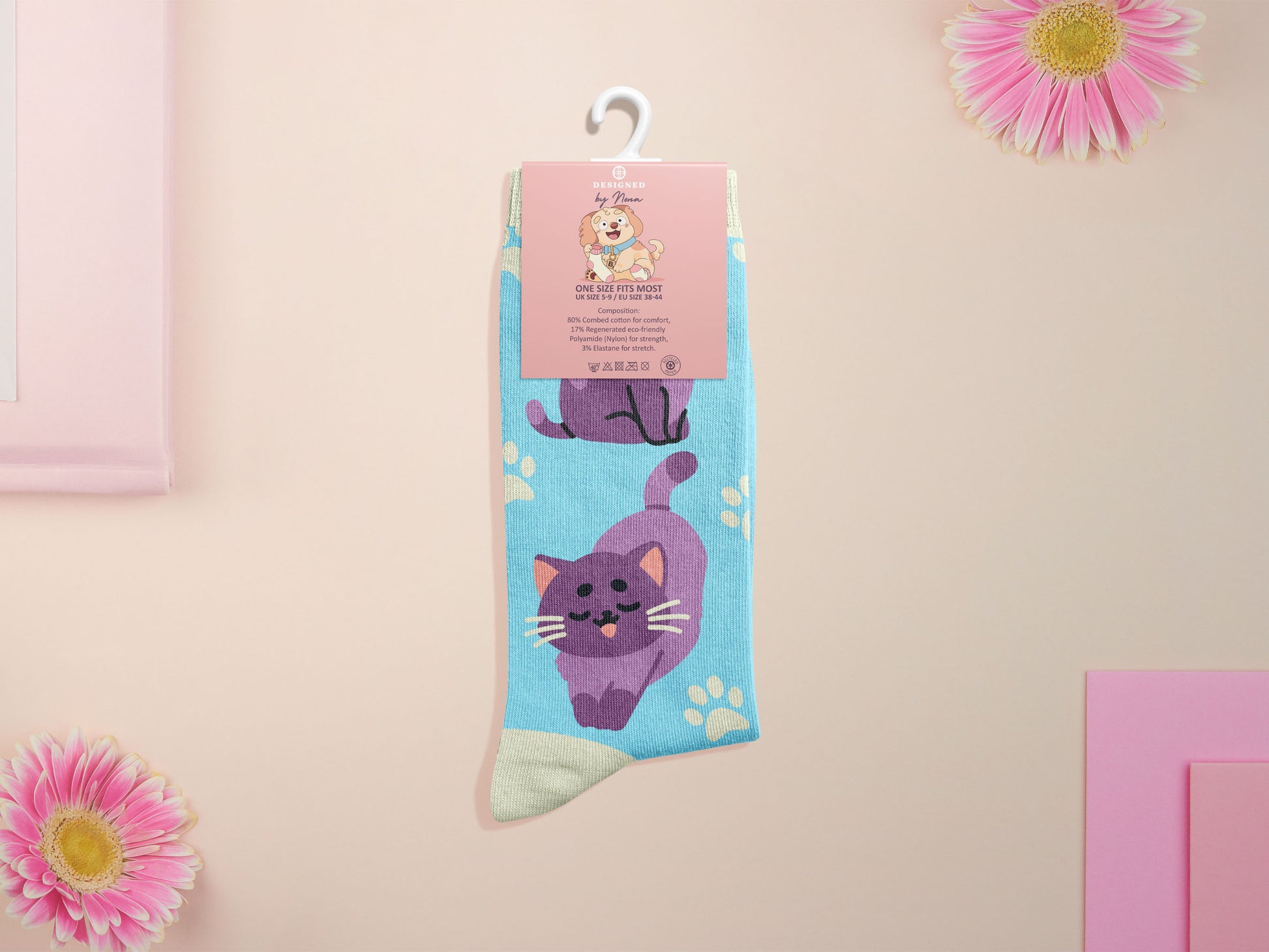 Cute knitted cotton crew socks with different cute cats and kittens pattern design