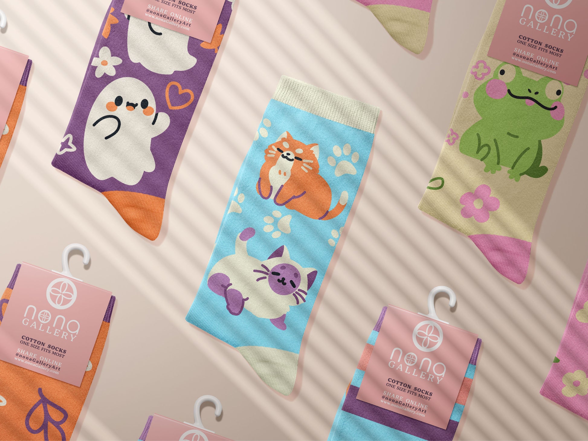 Multiple Cute knitted cotton crew socks with autumn-themed ghost designs, cute cats and kittens, and funny pastel frogs.