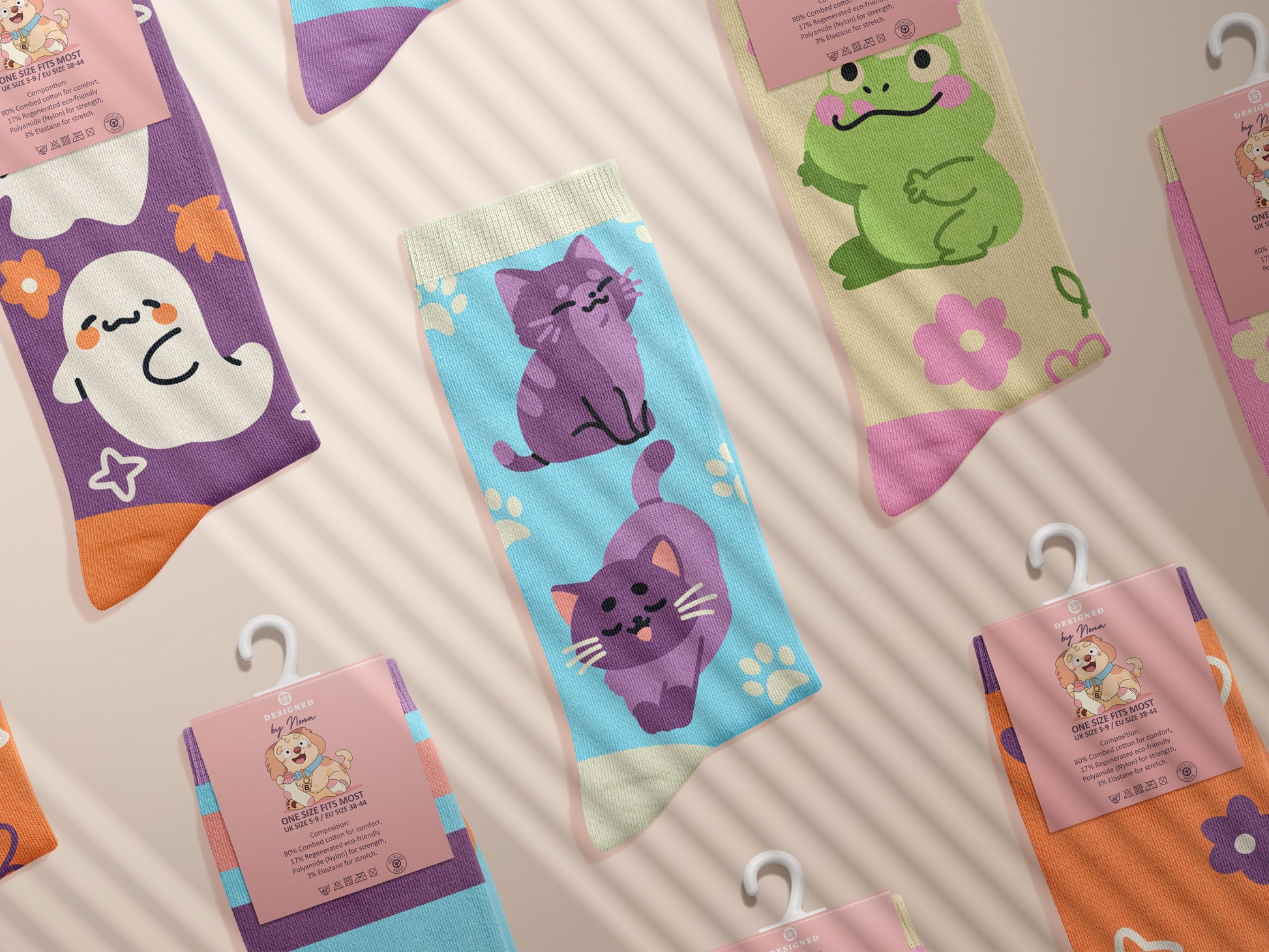 Multiple Cute knitted cotton crew socks with autumn-themed ghost designs, cute cats and kittens, and funny pastel frogs.