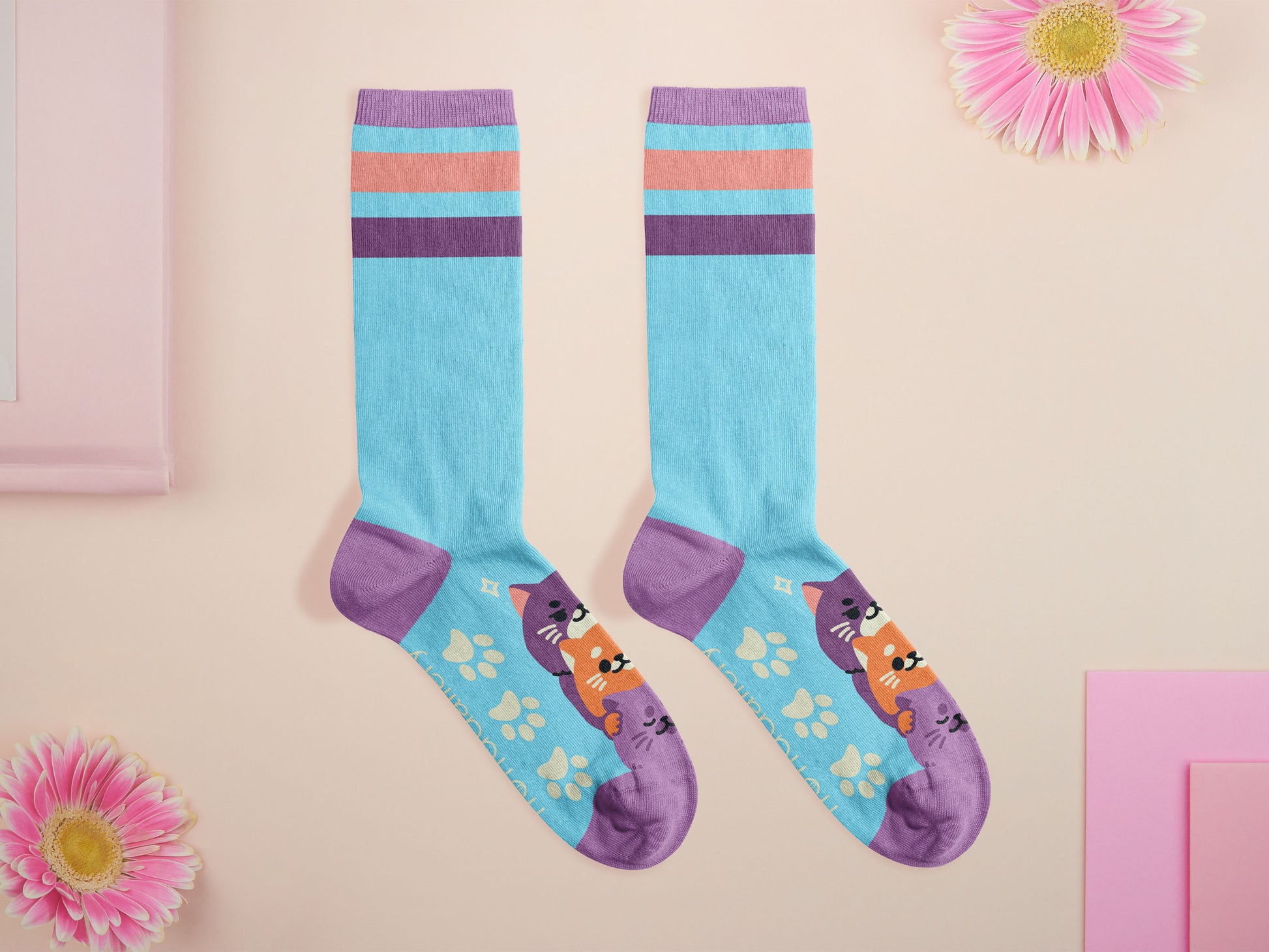 Cute knitted cotton crew socks with different cute cats and kittens pattern design on the toes of the socks.