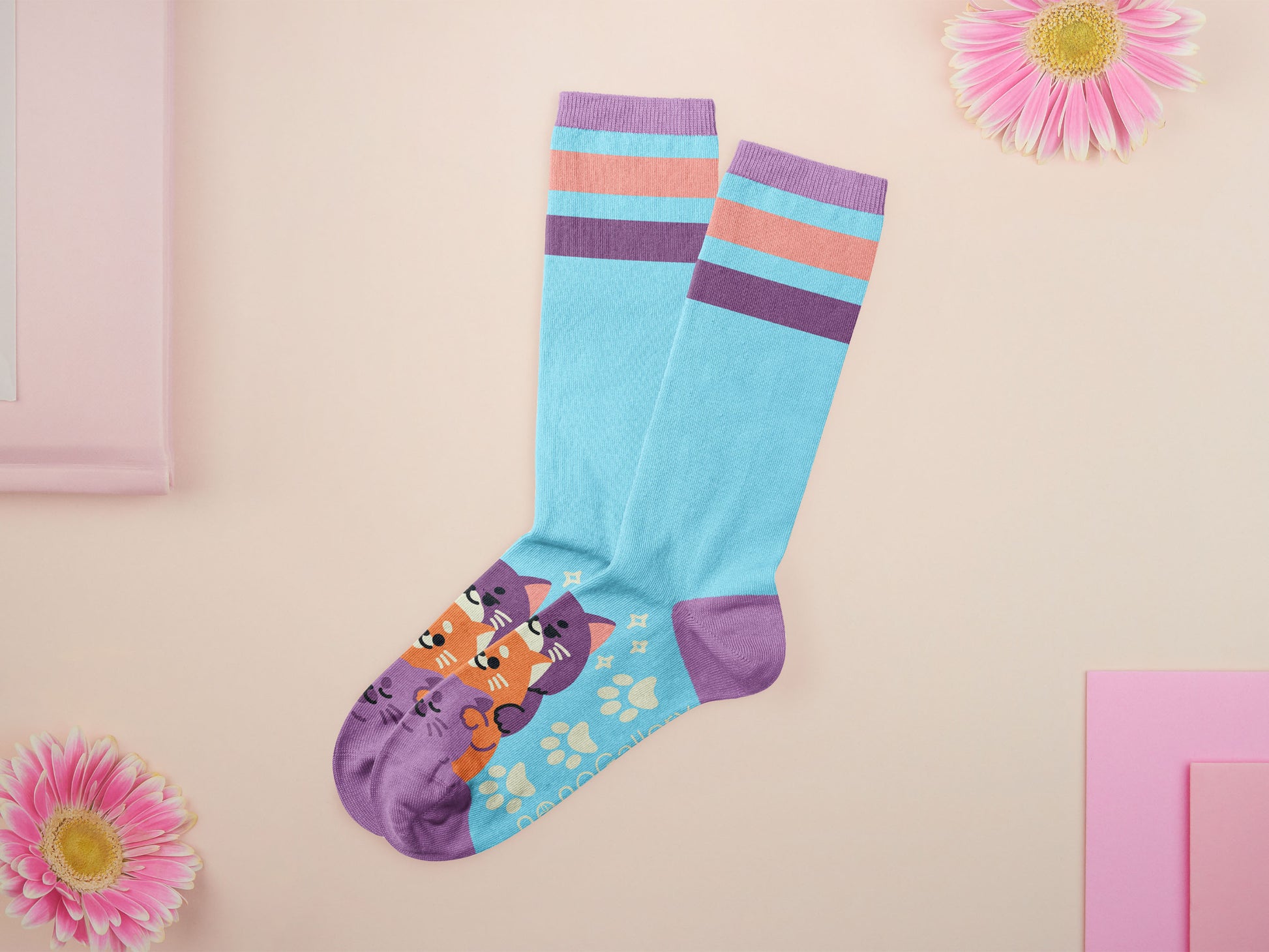 Cute knitted cotton crew socks with different cute cats and kittens pattern design on the toes of the socks.