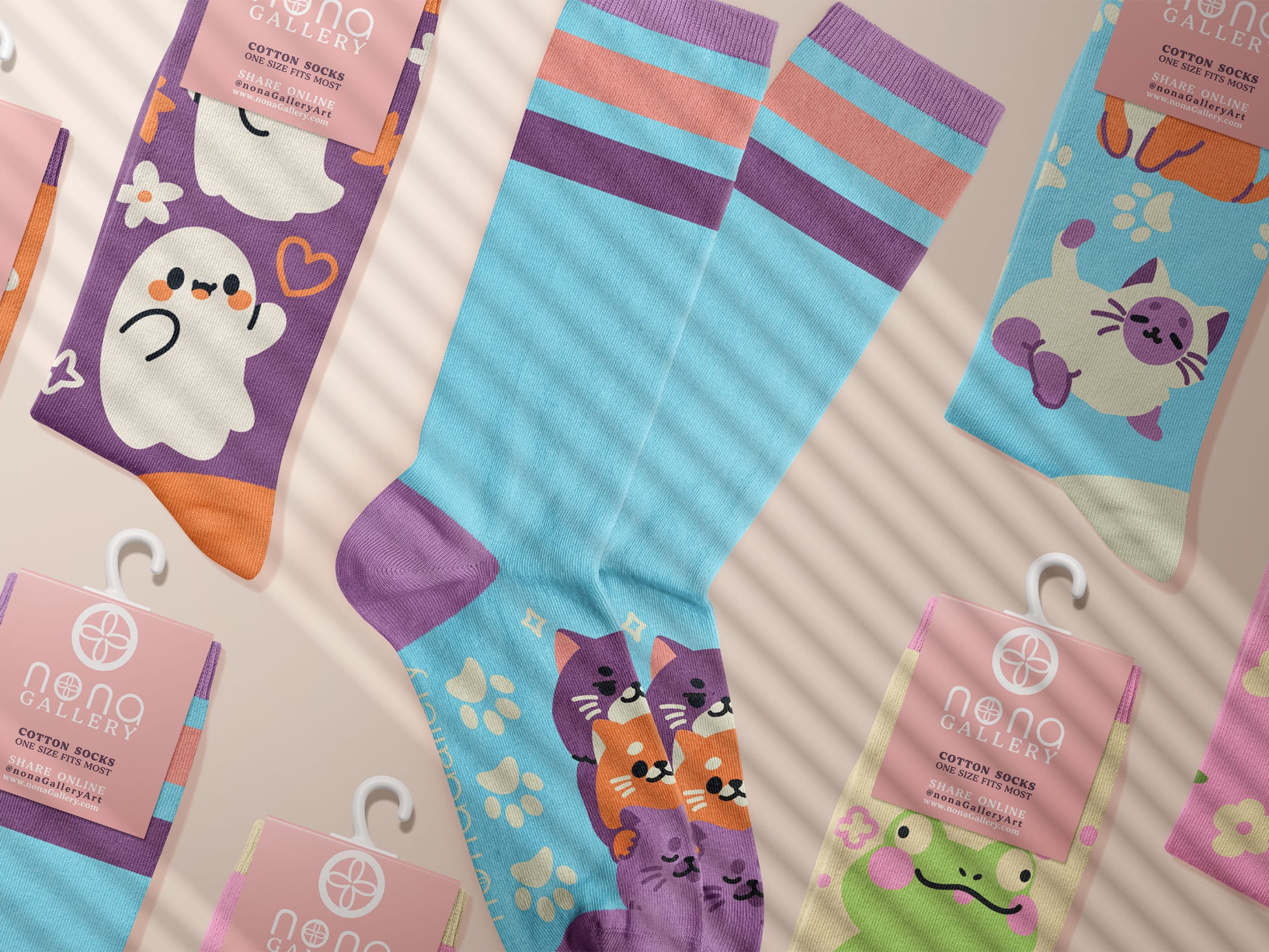 Multiple Cute knitted cotton crew socks with autumn-themed ghost designs, cute cats and kittens, and funny pastel frogs.