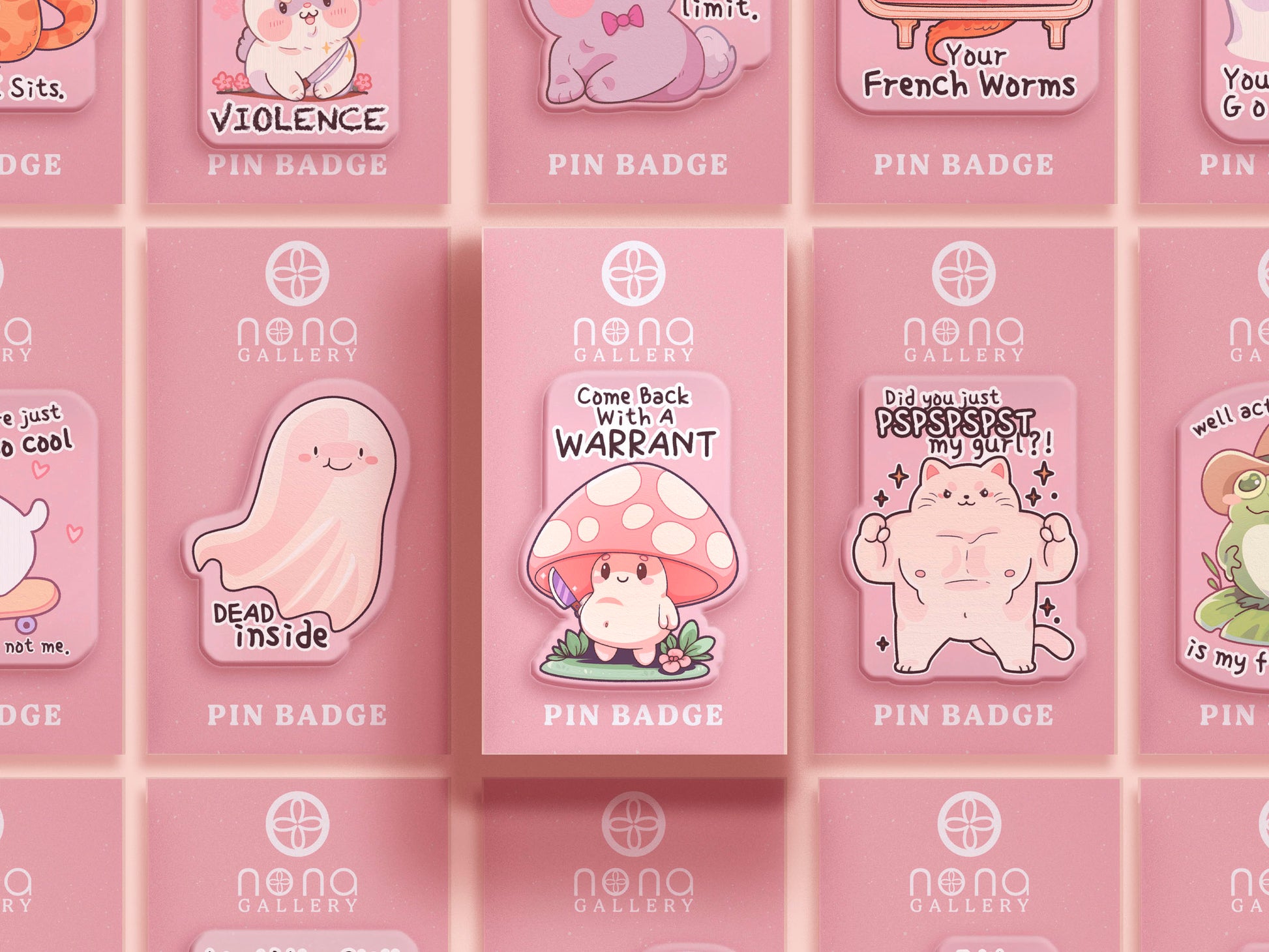 This cute transparent acrylic pin badge has a pink rubber heart shrimp pin-back clasp. The design is of a chibi cartoon mushroom with the text "Come back with a warrant."