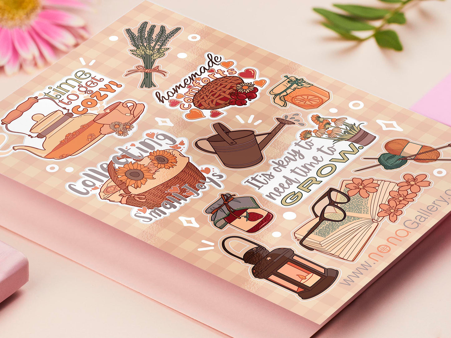 Large sticker sheet of different digital illustration cartoon cottagecore items such as jams, jars, baking, tea, herbs, knitting and books.