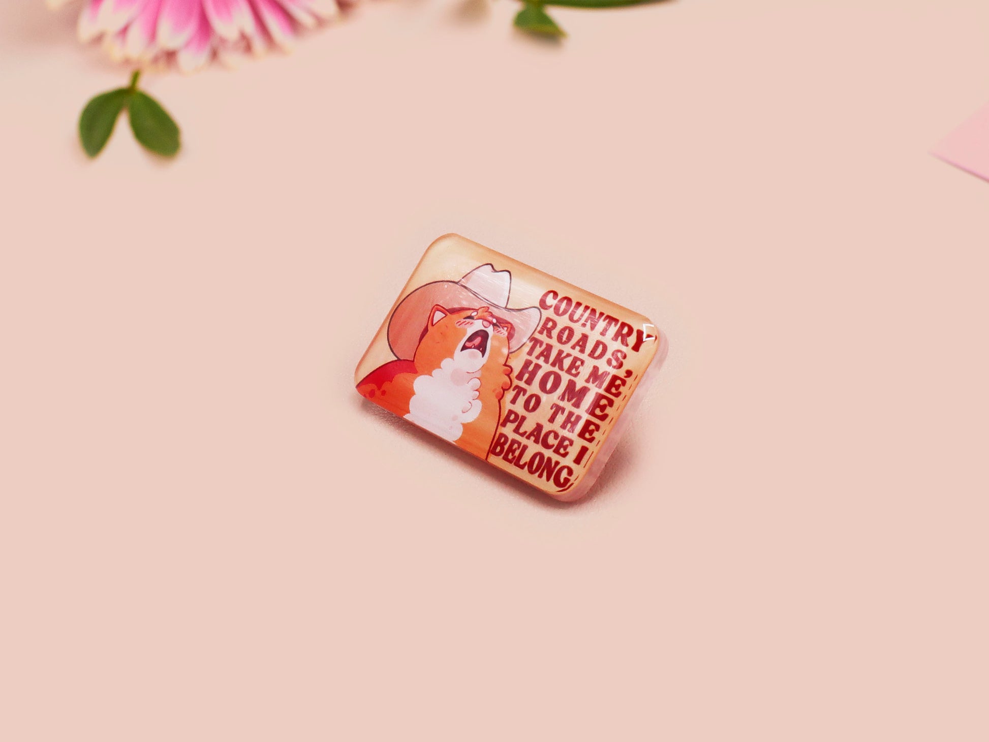 A clear acrylic pin badge with a pink heart-shaped pin back clasp. The design of the pin badge is of a cute singing cowboy cat from the viral internet meme with the song quote Country roads take me home to the place I belong