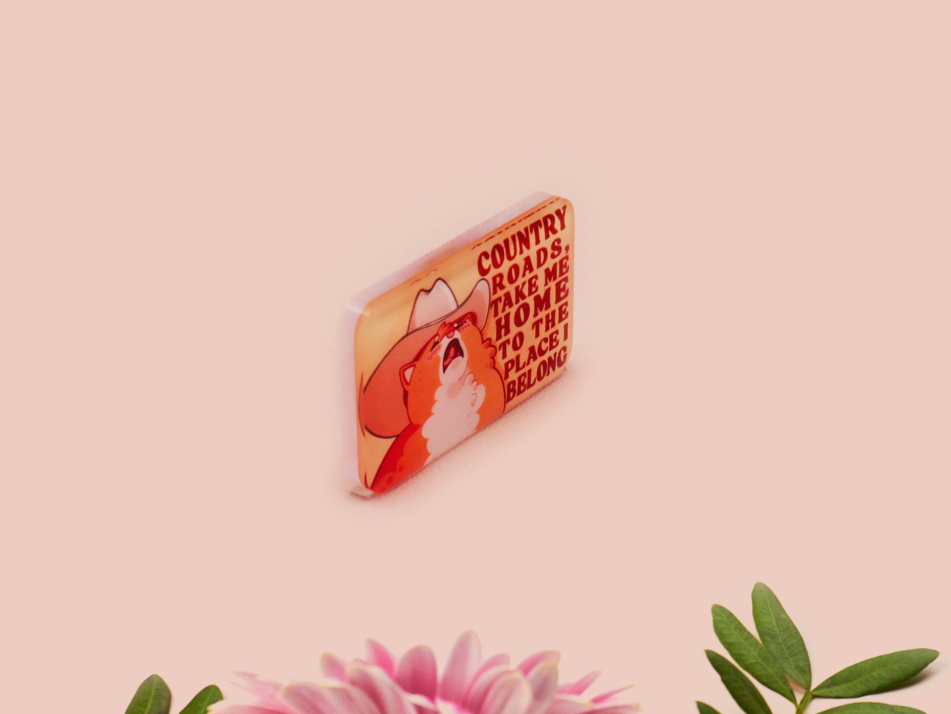A clear acrylic pin badge with a pink heart-shaped pin back clasp. The design of the pin badge is of a cute singing cowboy cat from the viral internet meme with the song quote Country roads take me home to the place I belong