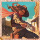 A square art print depicting a cowgirl gunslinger in a dramatic pose in the wild west outside a saloon.