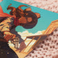 A square art print depicting a cowgirl gunslinger in a dramatic pose in the wild west outside a saloon.