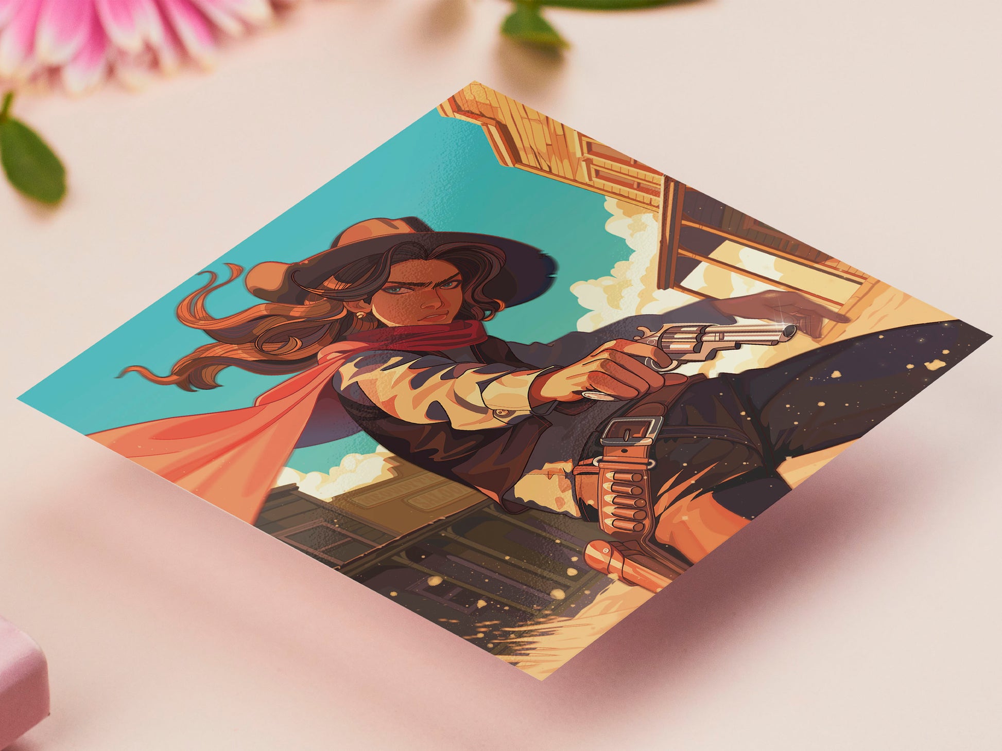 A square art print depicting a cowgirl gunslinger in a dramatic pose in the wild west outside a saloon.