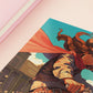 A square art print depicting a cowgirl gunslinger in a dramatic pose in the wild west outside a saloon.
