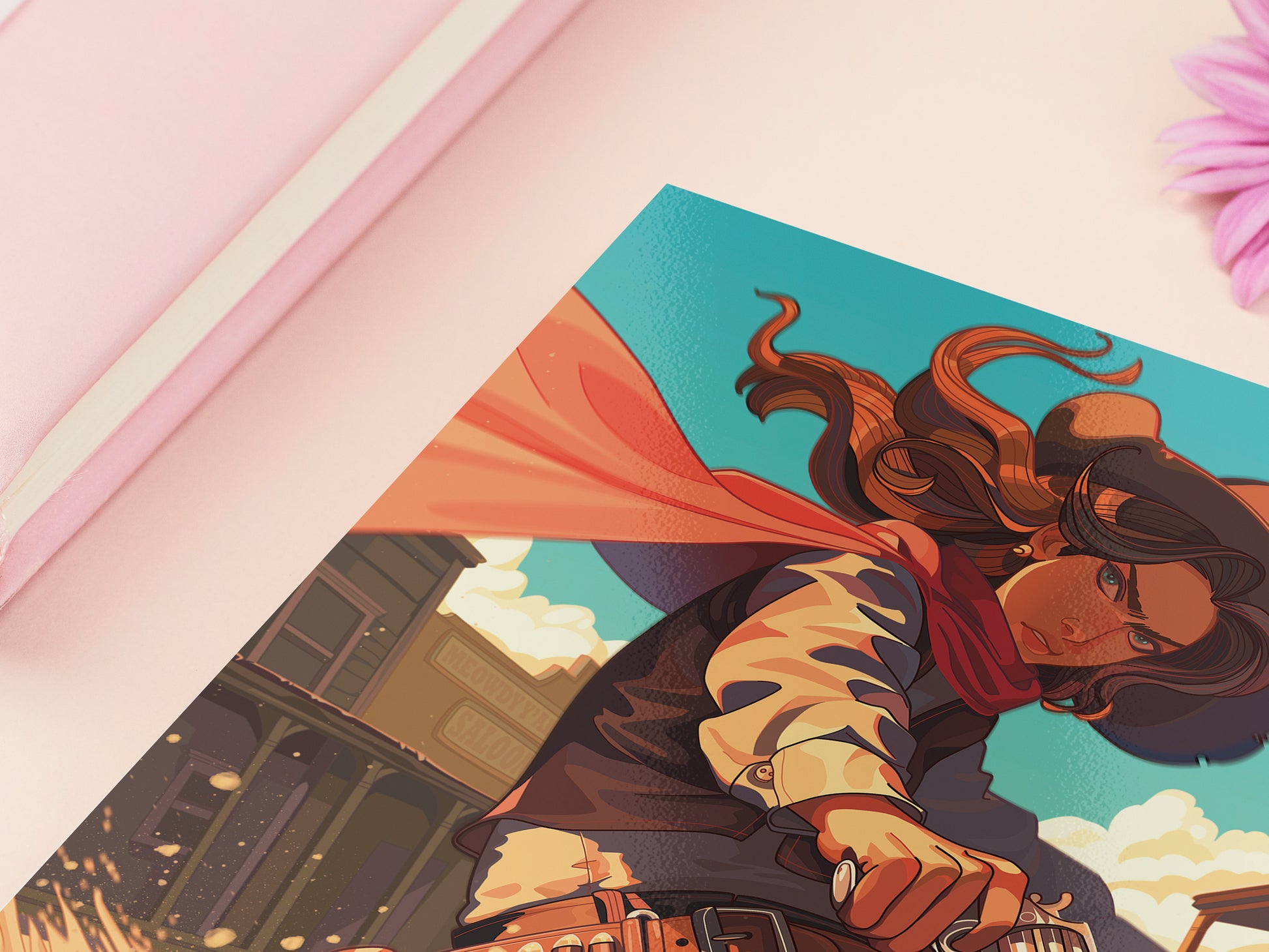 A square art print depicting a cowgirl gunslinger in a dramatic pose in the wild west outside a saloon.