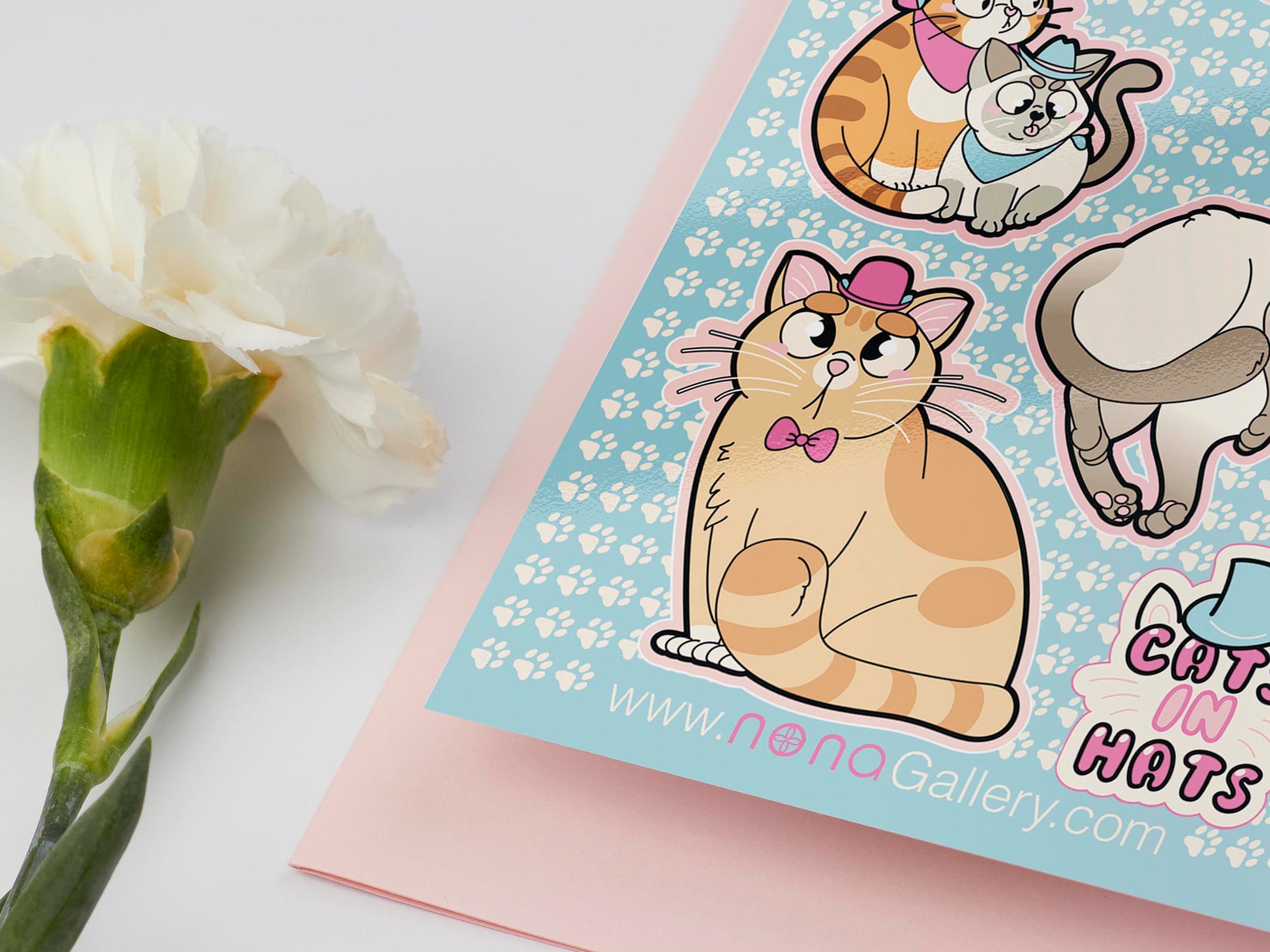 Large sticker sheet of digital illustration cartoons of various cute cats wearing different hats, such as rag dolls, Siamese, grey, ginger, calico and striped cats and kittens
