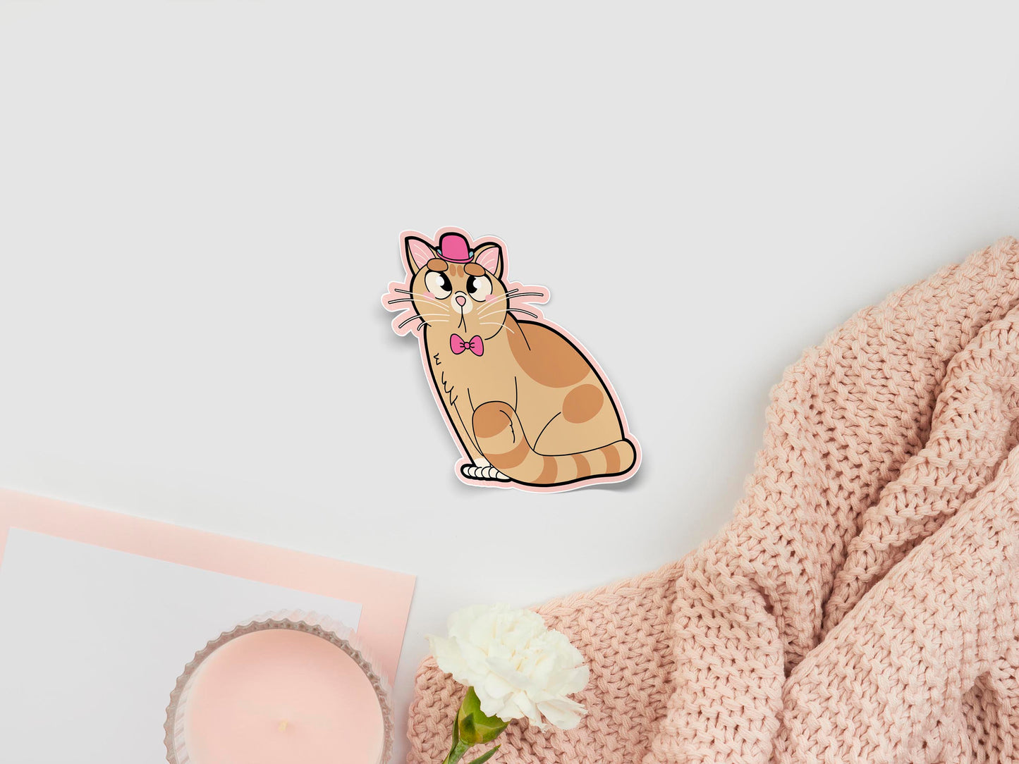Large sticker of digital illustration cartoon of a cute ginger cat with crossed eyes in a pink bowler hat and bow tie