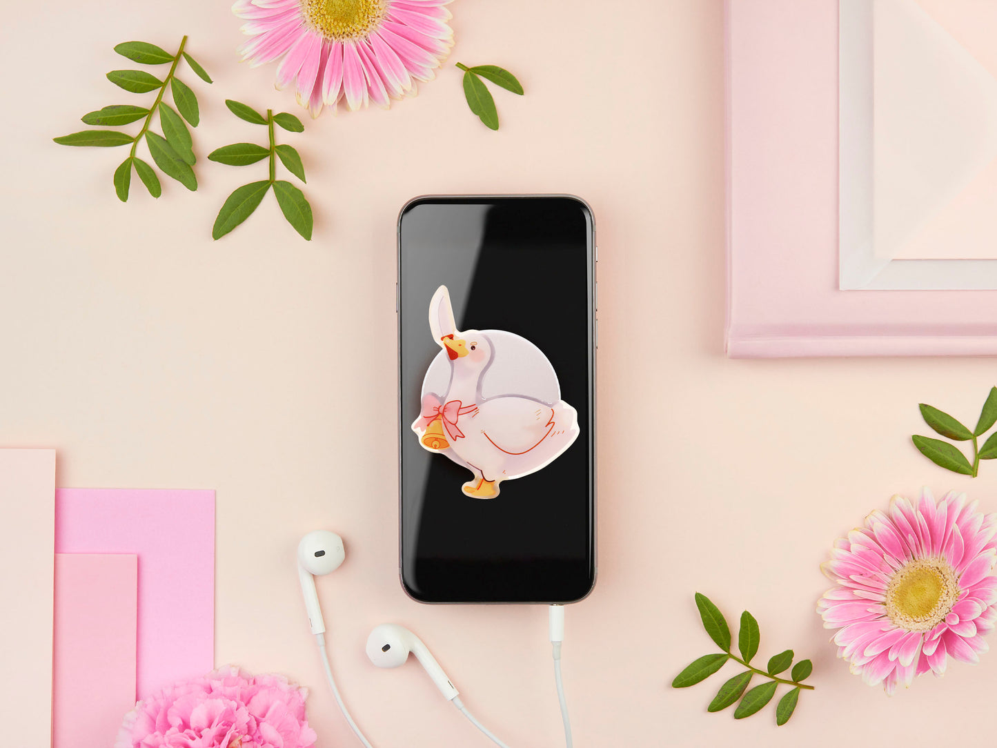 Cute popsocket phone grip with an adorable goose holding a knife wearing a pink bow and bell