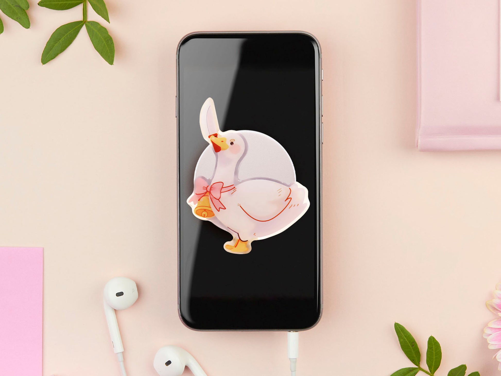 Cute popsocket phone grip with an adorable goose holding a knife wearing a pink bow and bell