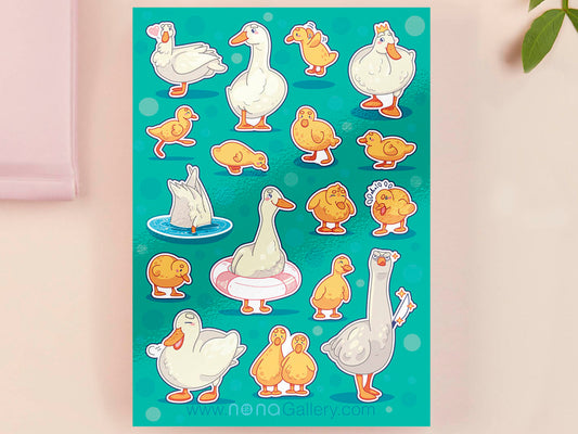 Large sticker sheet of digital illustrated cartoon ducks and ducklings in various poses and expressions