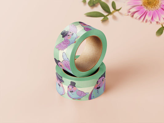 Decrotive washi tape with a cute pattern of different pigeons wearing top hats and bow ties.