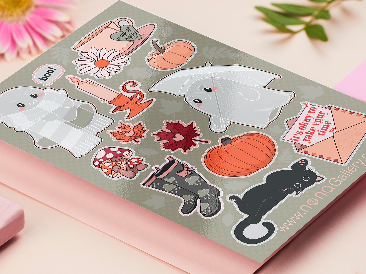 Large sticker sheet of digital illustration cartoon of ghosts, mushrooms, leaves, pumpkins, tea, wellington boots, black cats and other assorted autumn items 