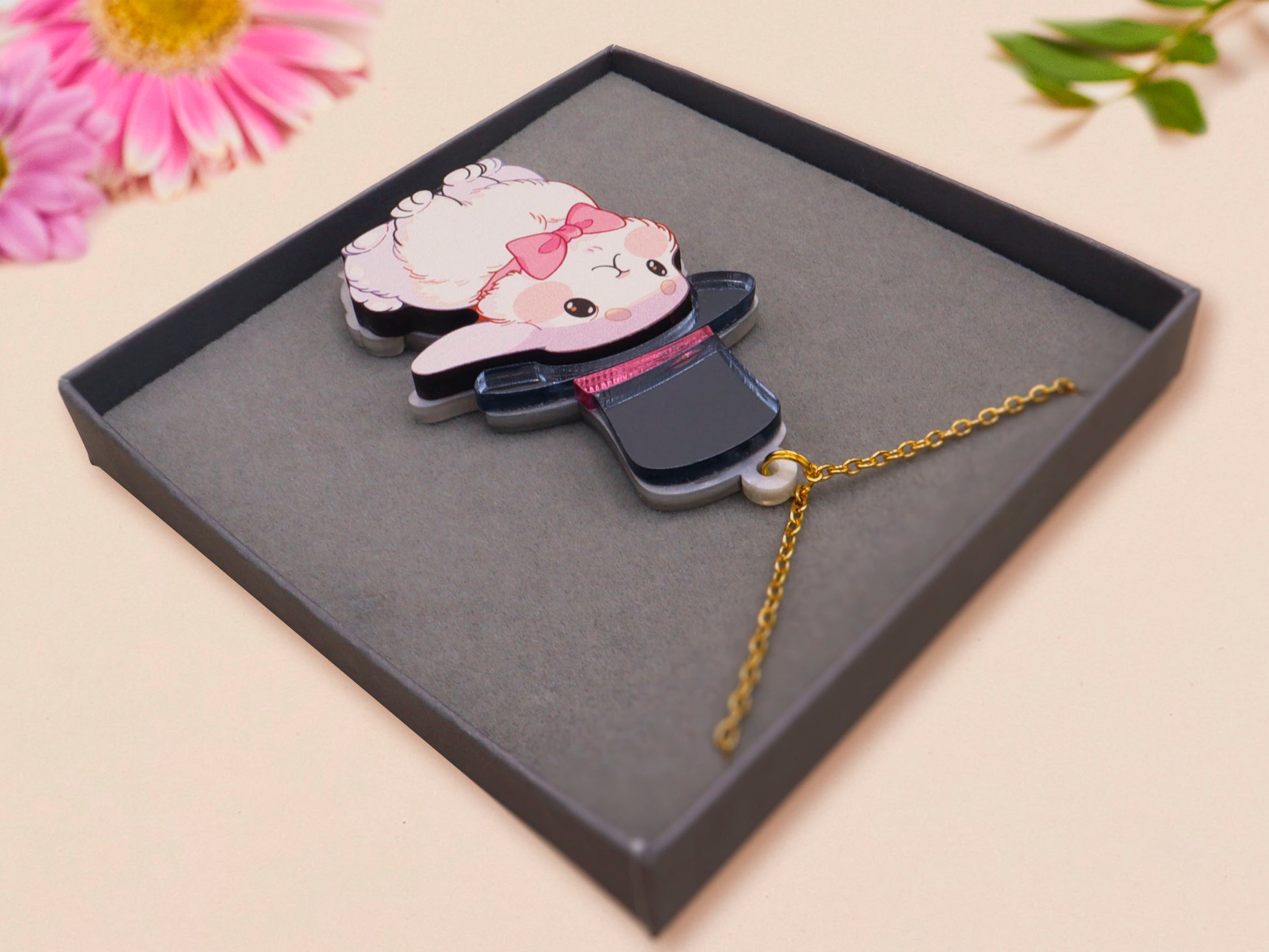 Adorable cute white bunny rabbit wearing a top hat and now tie necklace made of wood and mirror acrylic with a gold chain, displayed in a velvet gift box with a unique cute rabbit sleeve design.