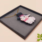 Adorable cute white bunny rabbit wearing a top hat and now tie necklace made of wood and mirror acrylic with a gold chain, displayed in a velvet gift box with a unique cute rabbit sleeve design.