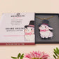 Adorable cute white bunny rabbit wearing a top hat and now tie necklace made of wood and mirror acrylic with a gold chain, displayed in a velvet gift box with a unique cute rabbit sleeve design.
