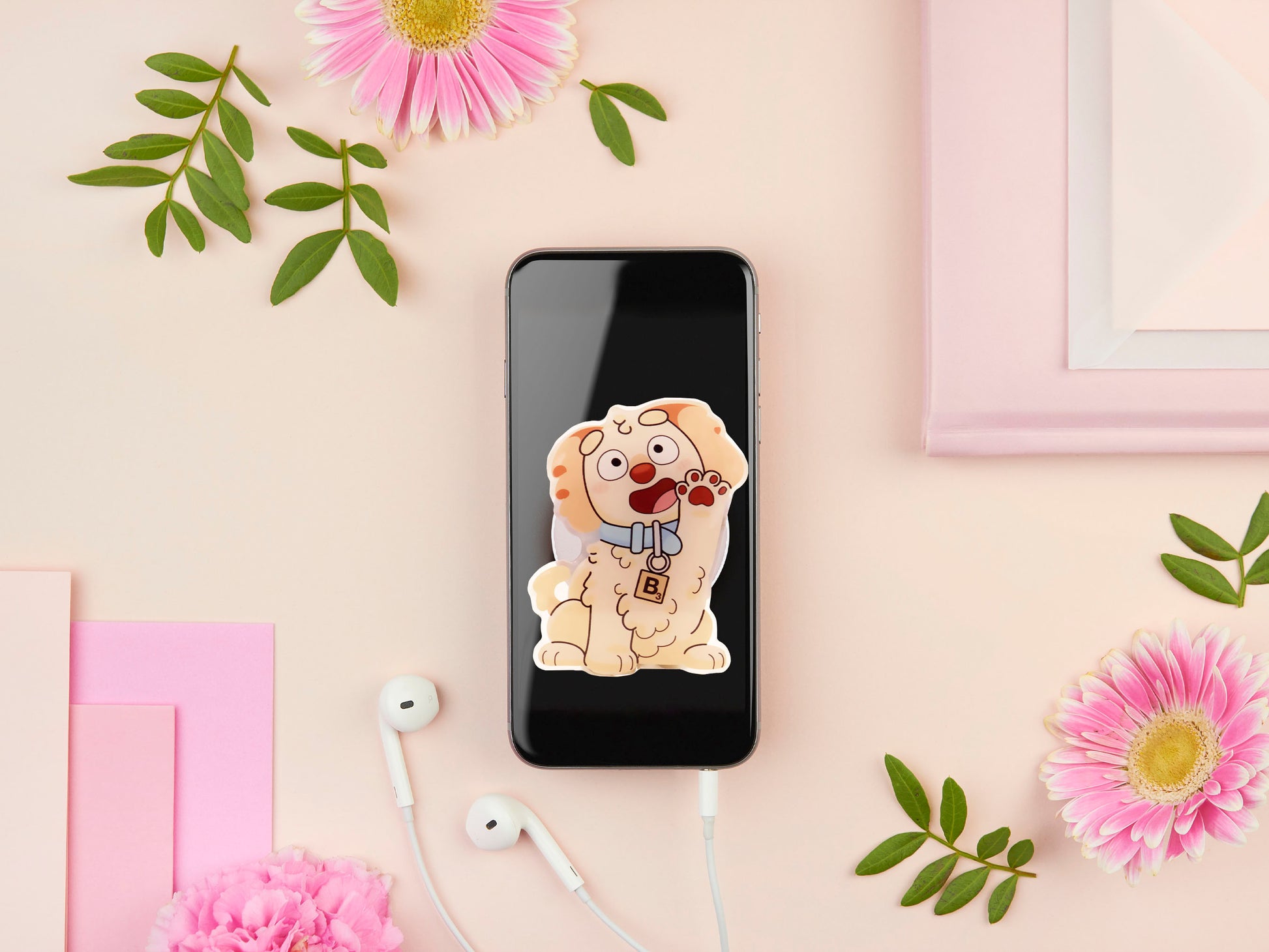 Cute acrylic popsocket phone grip of a waving puppy dog