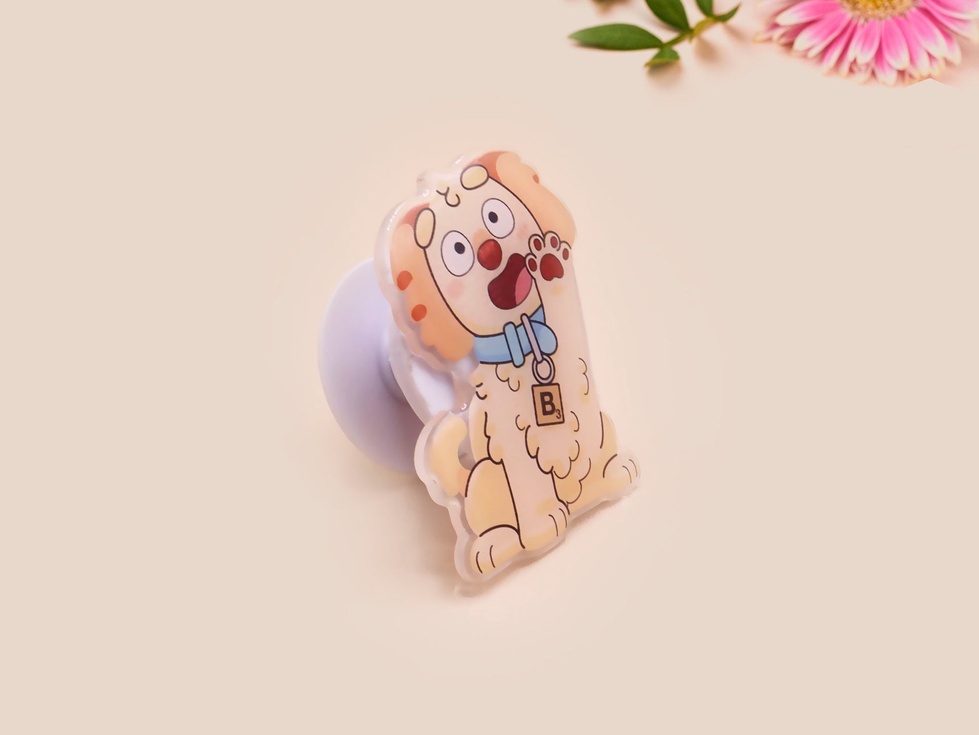 Cute acrylic popsocket phone grip of a waving puppy dog