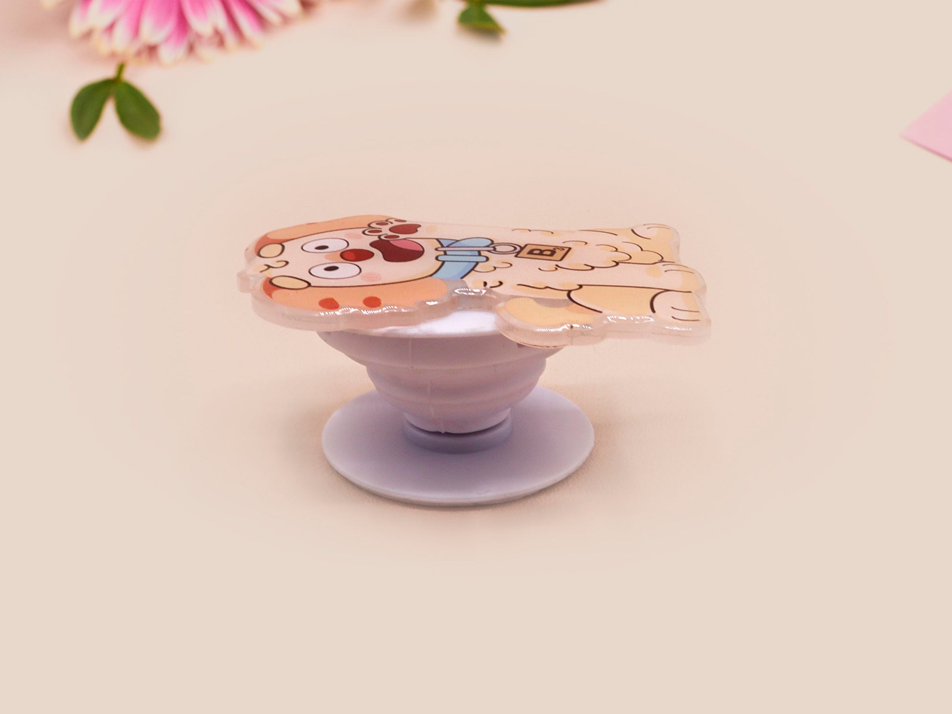 Cute acrylic popsocket phone grip of a waving puppy dog