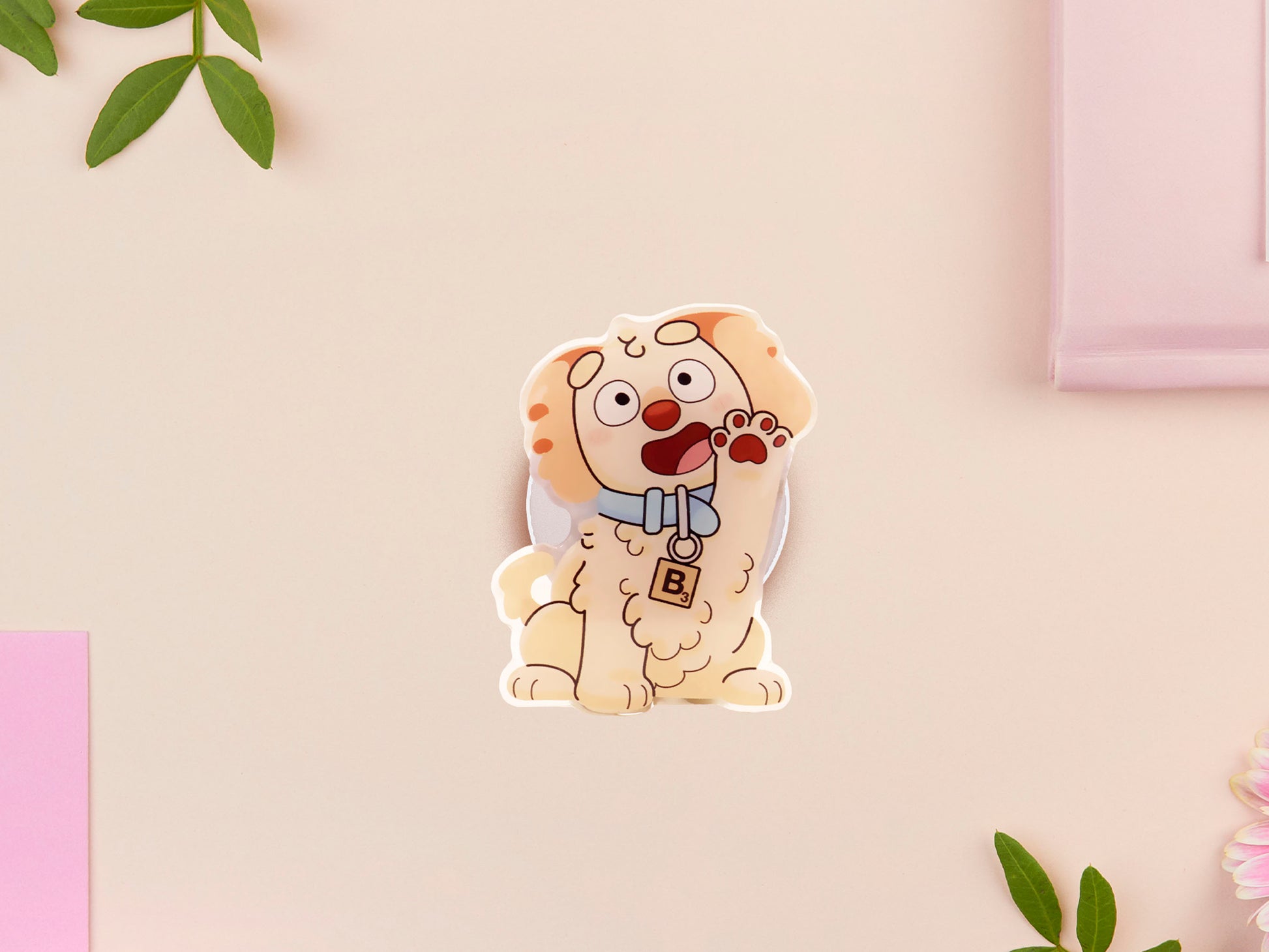 Cute acrylic popsocket phone grip of a waving puppy dog