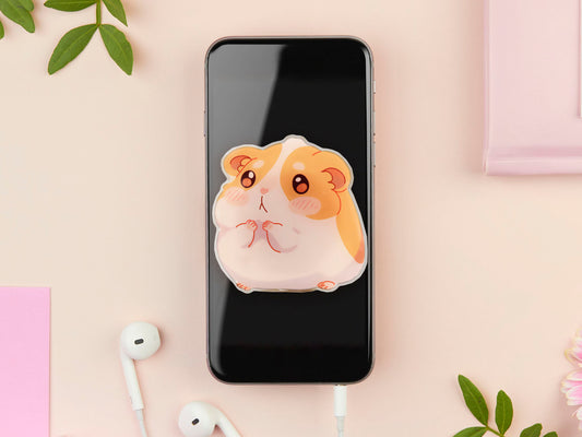 Cute acrylic popsocket phone grip of a shy guinea pig hamster