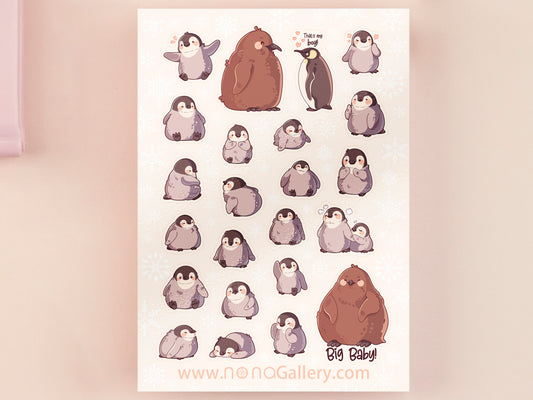 Large waterproof gloss vinyl sticker sheet of multiple cute baby penguin chicks, as well as the internet viral penguin Pesto the big baby emperor penguin chick.