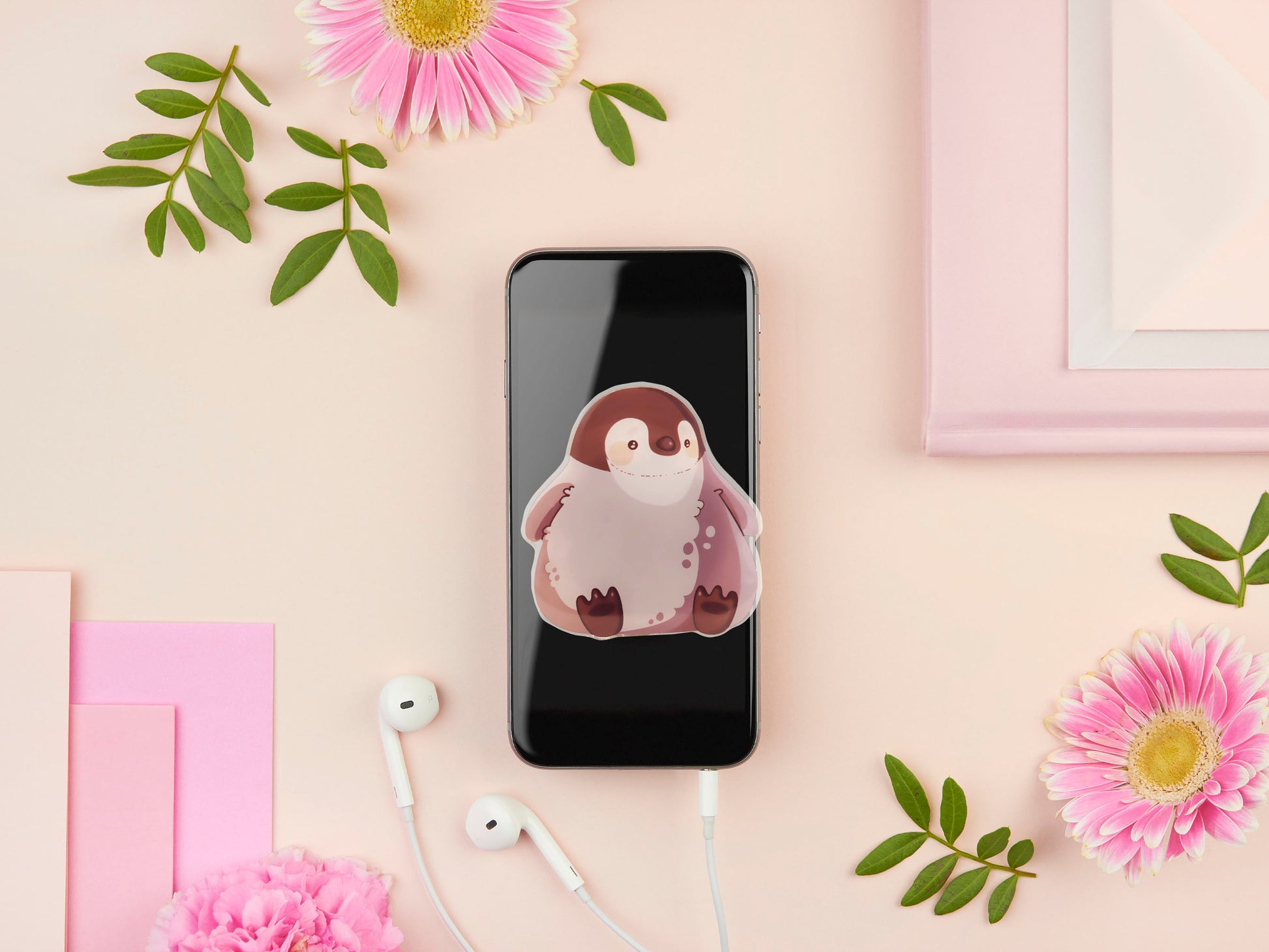 Cute popsocket phone grip with an adorable emperor penguin chick design