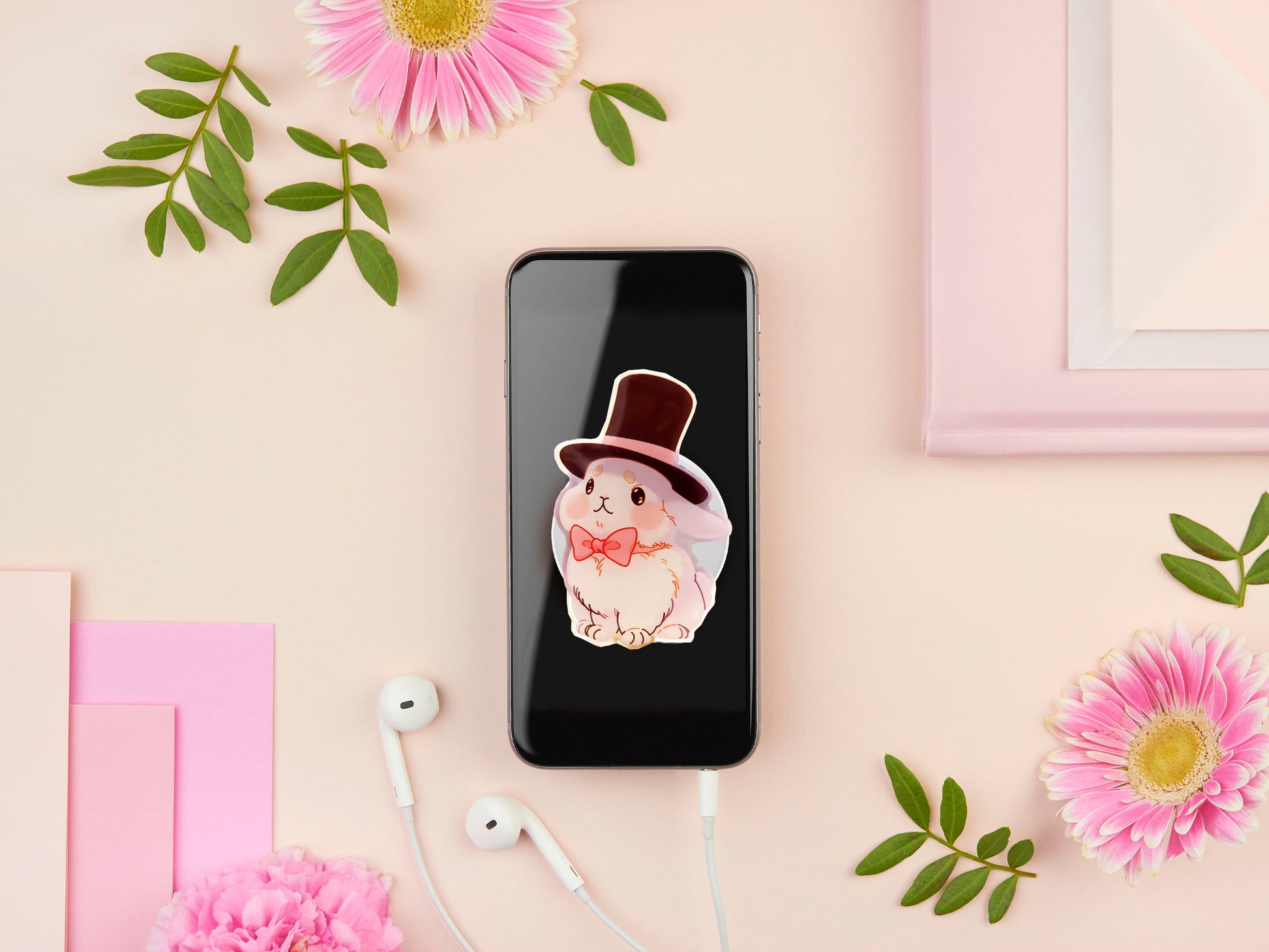 Cute popsocket phone grip with an adorable white rabbit wearing a top hat and pink bowtie