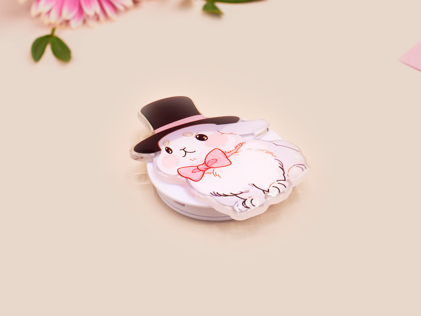 Cute popsocket phone grip with an adorable white rabbit wearing a top hat and pink bowtie