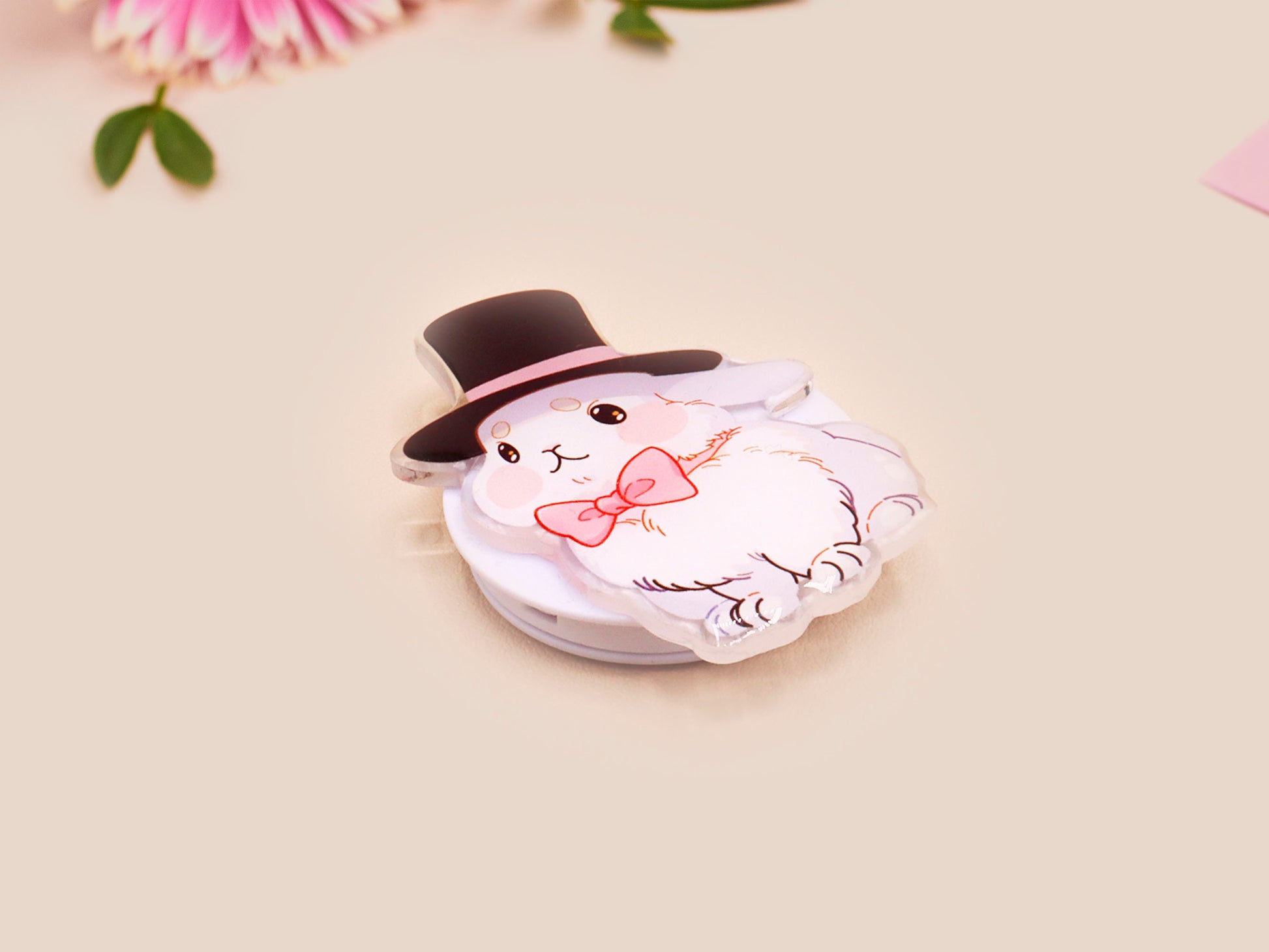 Cute popsocket phone grip with an adorable white rabbit wearing a top hat and pink bowtie