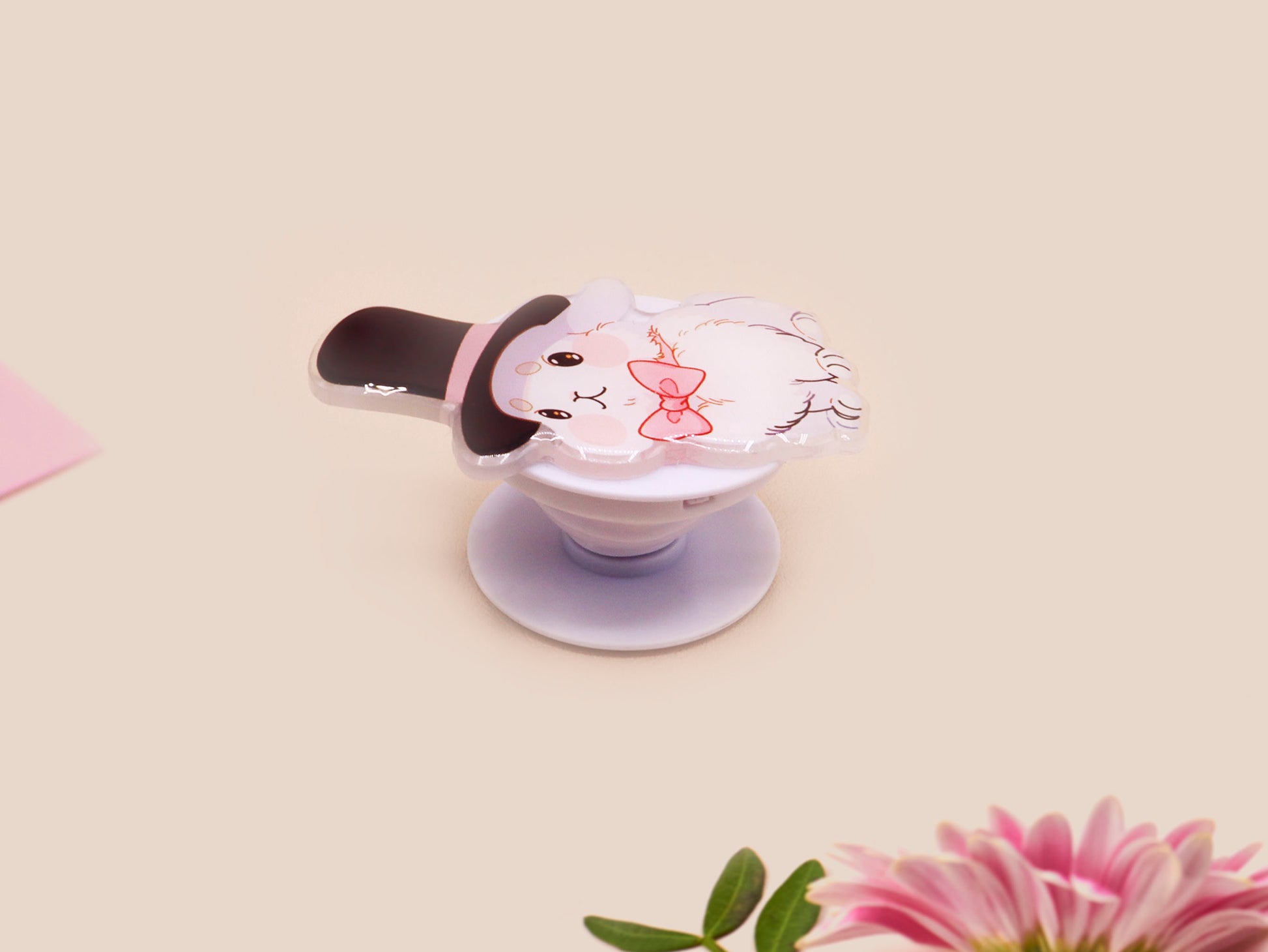 Cute popsocket phone grip with an adorable white rabbit wearing a top hat and pink bowtie