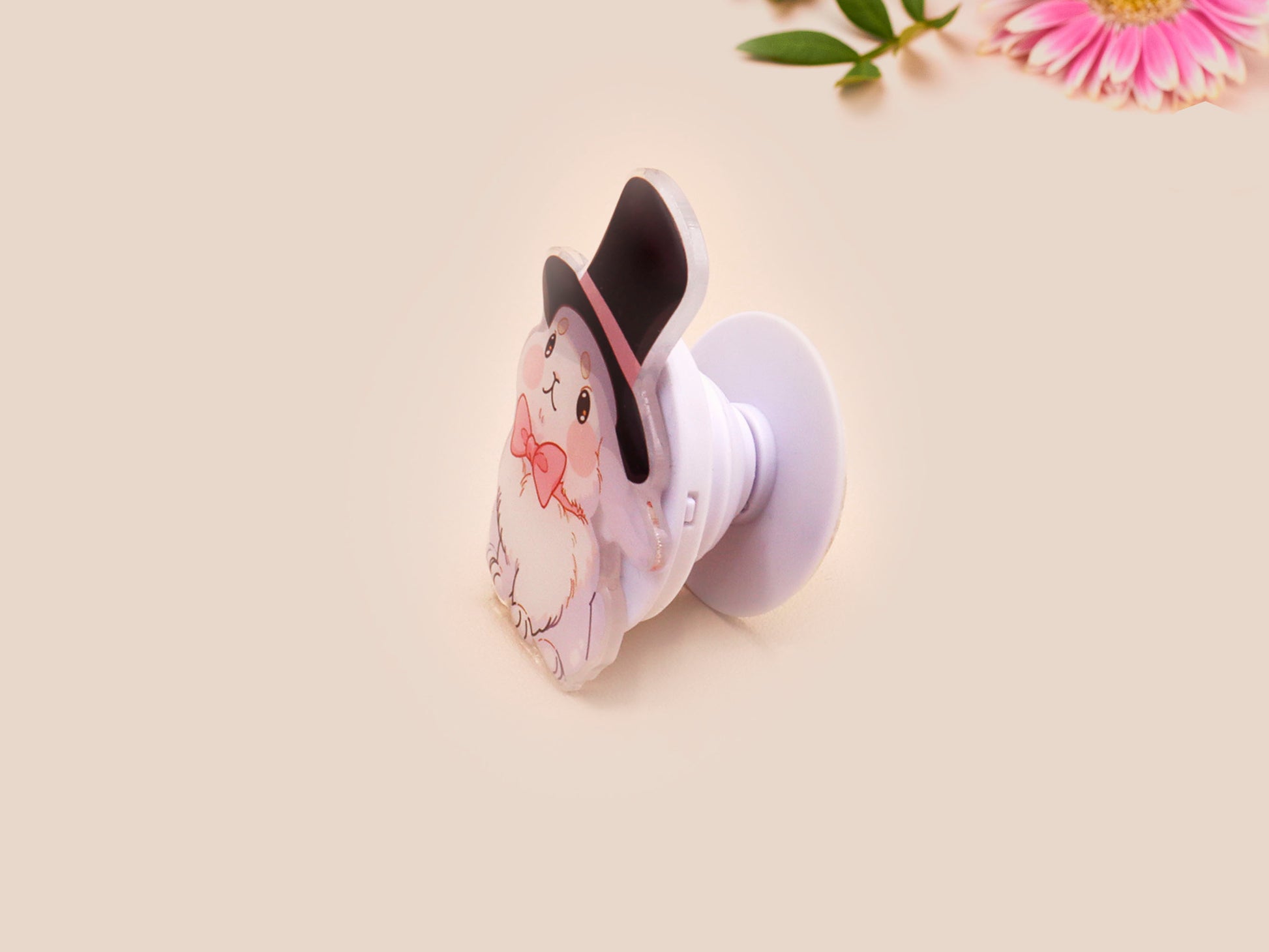Cute popsocket phone grip with an adorable white rabbit wearing a top hat and pink bowtie