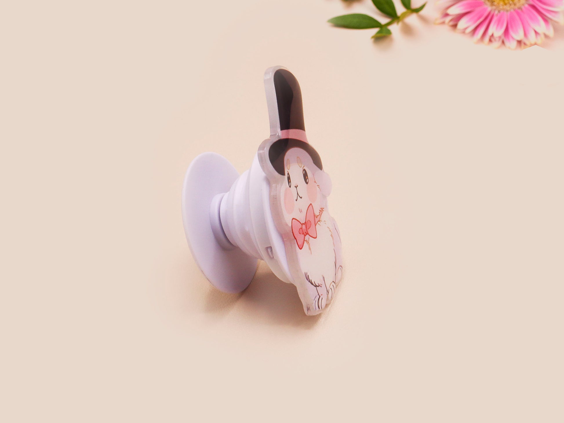 Cute popsocket phone grip with an adorable white rabbit wearing a top hat and pink bowtie